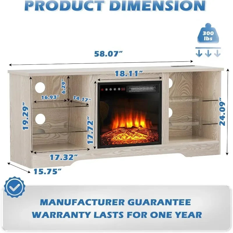 Fireplace TV Stand with 18'' Fireplace, Modern Entertainment Center for TVs up to 65 inch, Media TV Console with Adjustable Glass