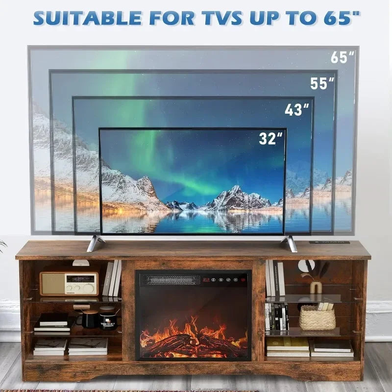 Fireplace TV Stand with 18'' Fireplace, Modern Entertainment Center for TVs up to 65 inch, Media TV Console with Adjustable Glass