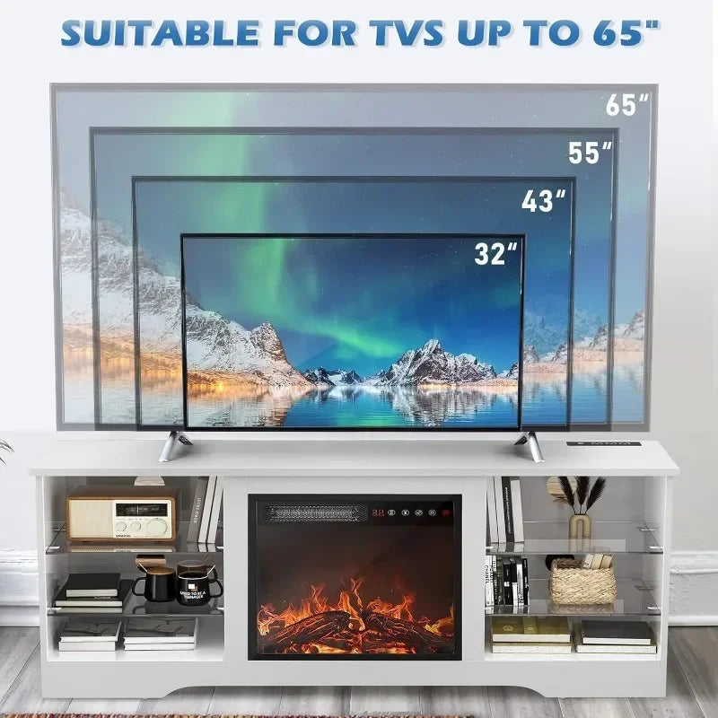 Fireplace TV Stand with 18'' Fireplace, Modern Entertainment Center for TVs up to 65 inch, Media TV Console with Adjustable Glass