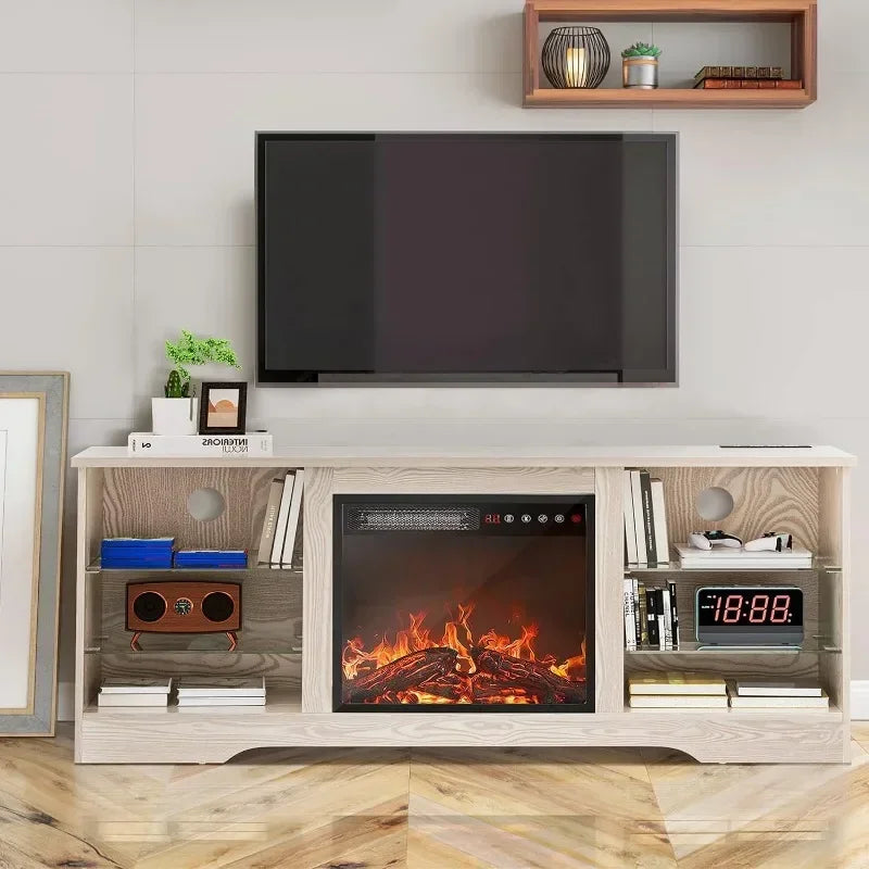 Fireplace TV Stand with 18'' Fireplace, Modern Entertainment Center for TVs up to 65 inch, Media TV Console with Adjustable Glass