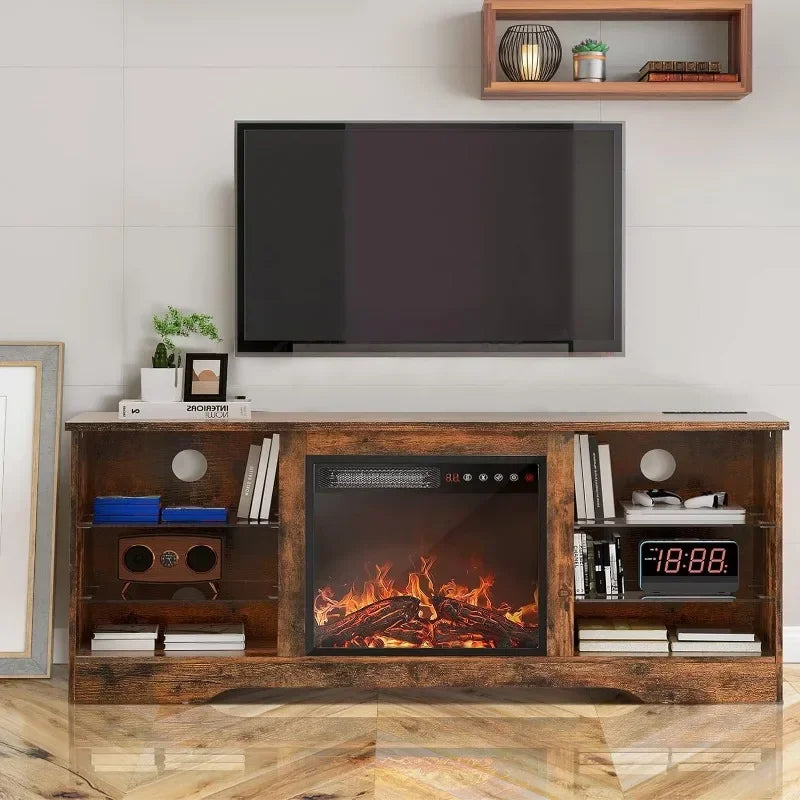 Fireplace TV Stand with 18'' Fireplace, Modern Entertainment Center for TVs up to 65 inch, Media TV Console with Adjustable Glass