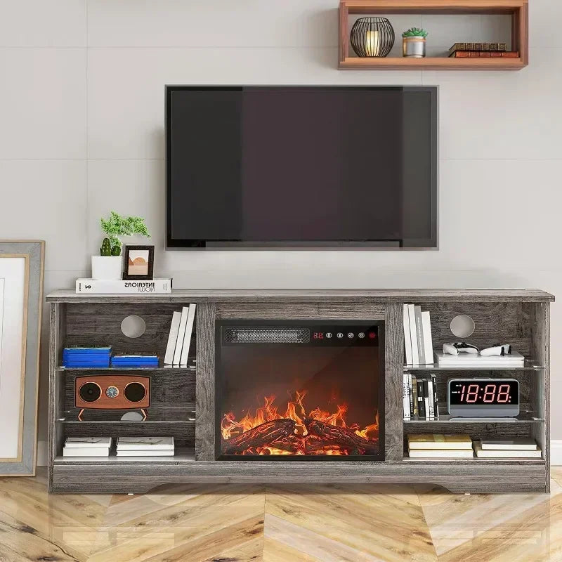 Fireplace TV Stand with 18'' Fireplace, Modern Entertainment Center for TVs up to 65 inch, Media TV Console with Adjustable Glass