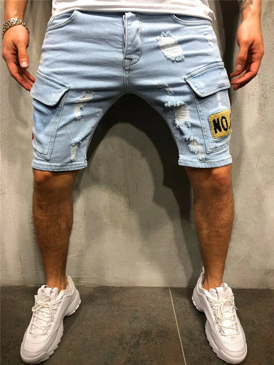 Men's Y2K Summer Ripped Shorts Jeans Badge Pants Stretch