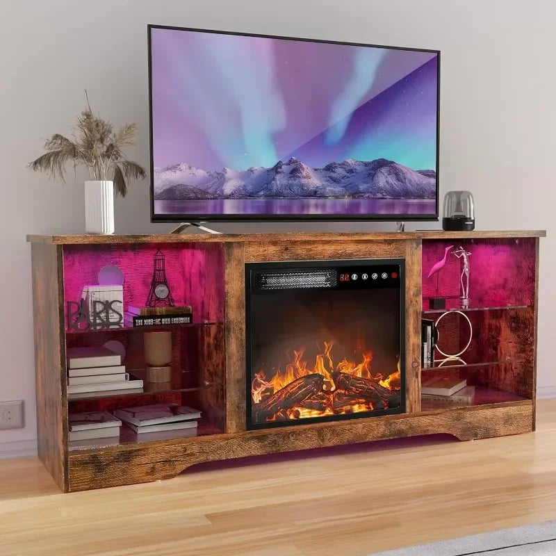 Fireplace TV Stand with 18'' Fireplace, Modern Entertainment Center for TVs up to 65 inch, Media TV Console with Adjustable Glass