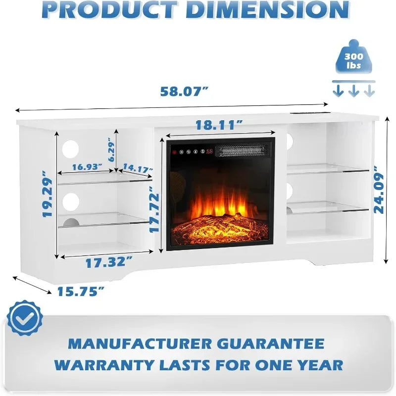 Fireplace TV Stand with 18'' Fireplace, Modern Entertainment Center for TVs up to 65 inch, Media TV Console with Adjustable Glass