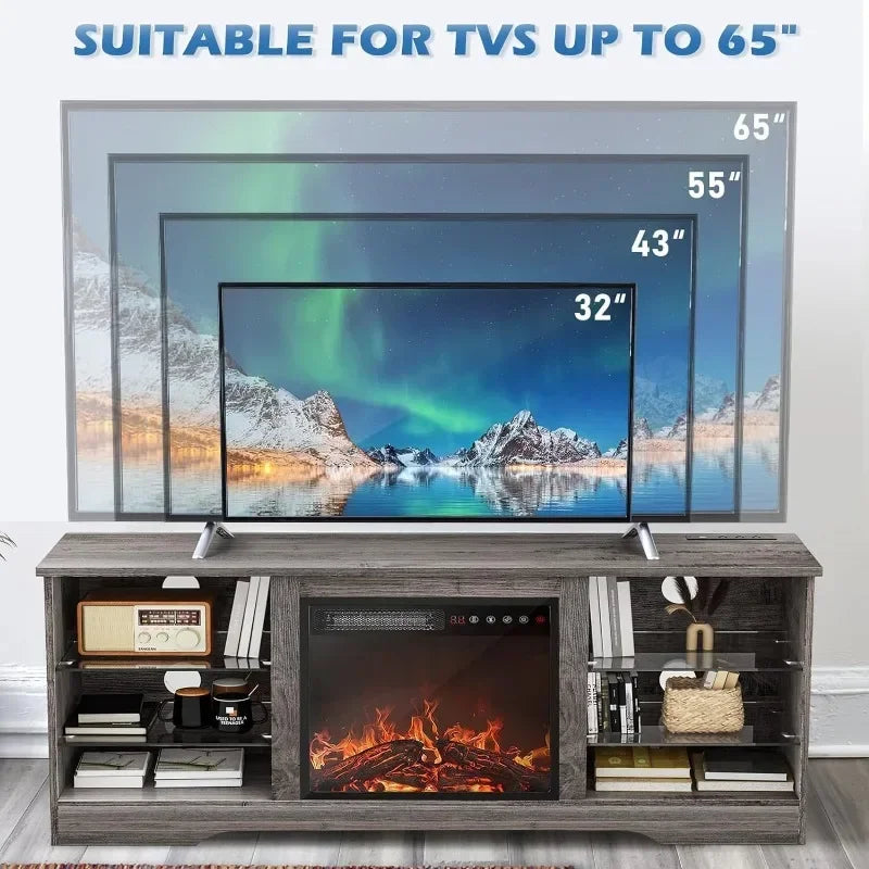 Fireplace TV Stand with 18'' Fireplace, Modern Entertainment Center for TVs up to 65 inch, Media TV Console with Adjustable Glass