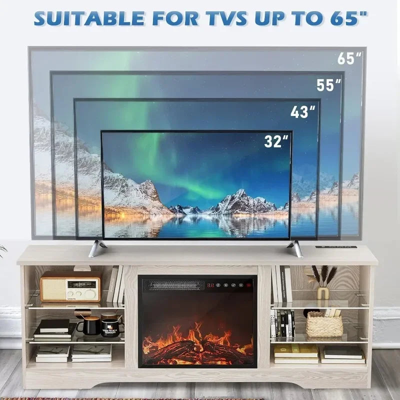 Fireplace TV Stand with 18'' Fireplace, Modern Entertainment Center for TVs up to 65 inch, Media TV Console with Adjustable Glass