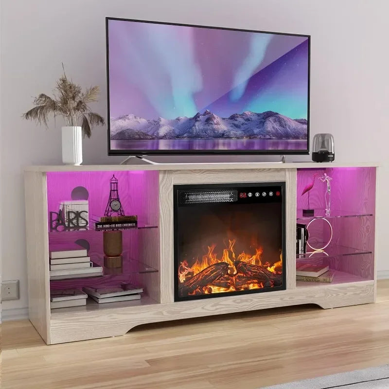 Fireplace TV Stand with 18'' Fireplace, Modern Entertainment Center for TVs up to 65 inch, Media TV Console with Adjustable Glass