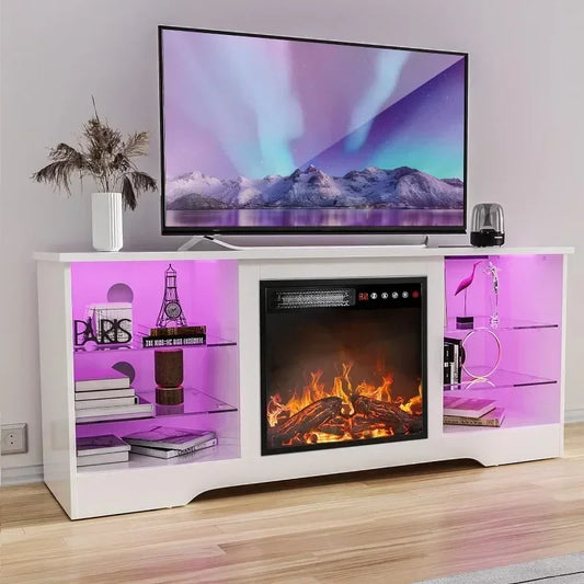 Fireplace TV Stand with 18'' Fireplace, Modern Entertainment Center for TVs up to 65 inch, Media TV Console with Adjustable Glass