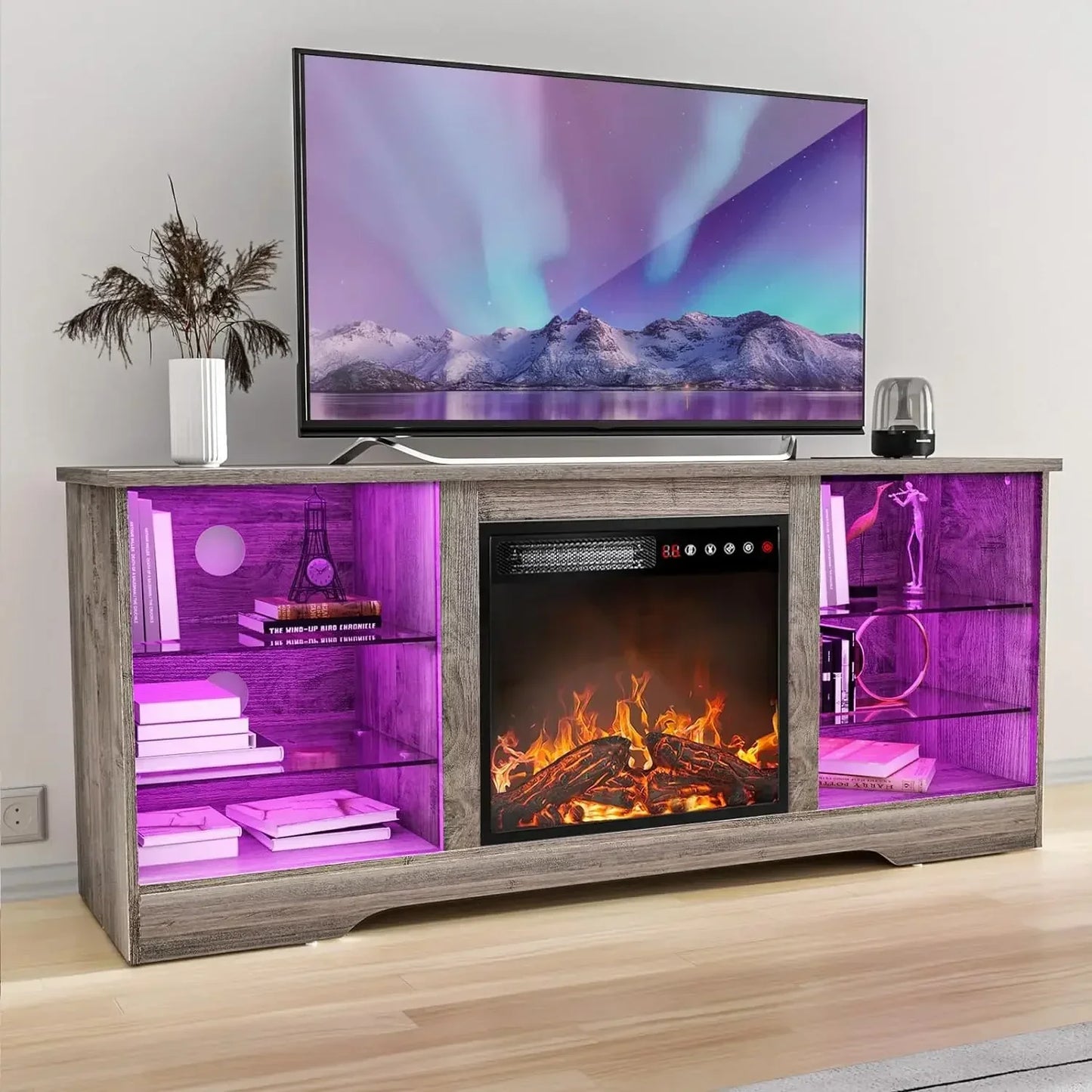 Fireplace TV Stand with 18'' Fireplace, Modern Entertainment Center for TVs up to 65 inch, Media TV Console with Adjustable Glass